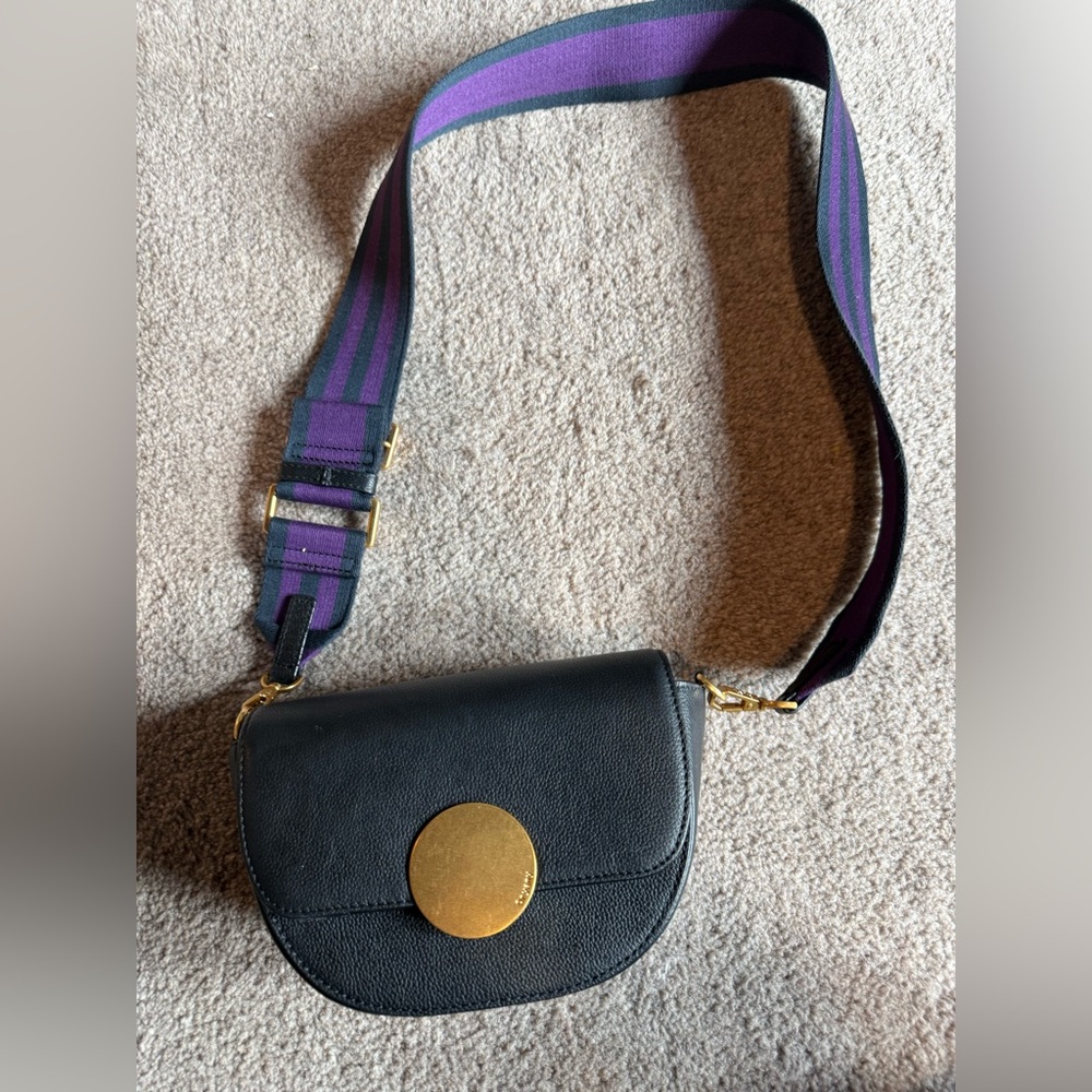 orYANY Black Leather Crossbody with Purple and Green Strap